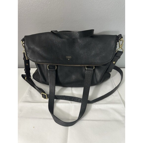 FOSSIL Explorer Black Leather Foldover Shoulder Messenger Crossbody Bag-EUC! - Picture 1 of 10